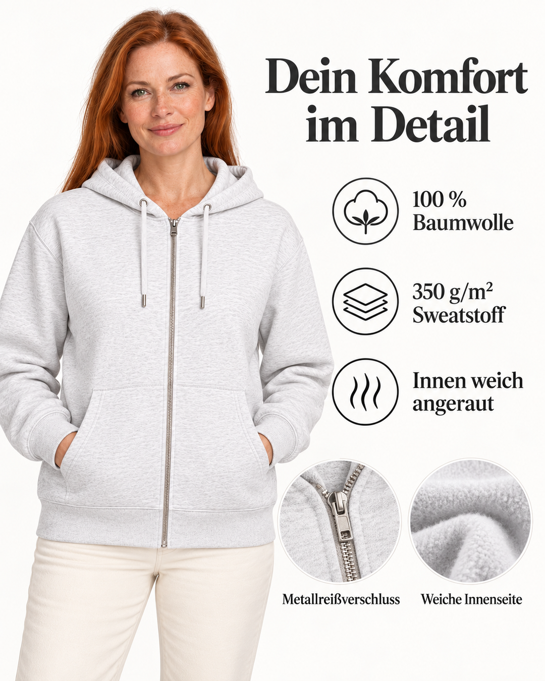 Sitztgut Damen-Sweatjacke aus Baumwolle mit Kapuze – Vintage White – Material und Produktvorteile mit weiblichem Model