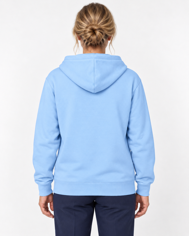 Sitztgut Damen-Sweatjacke aus Baumwolle mit Kapuze – Eisblau – Rückenansicht mit weiblichem Model