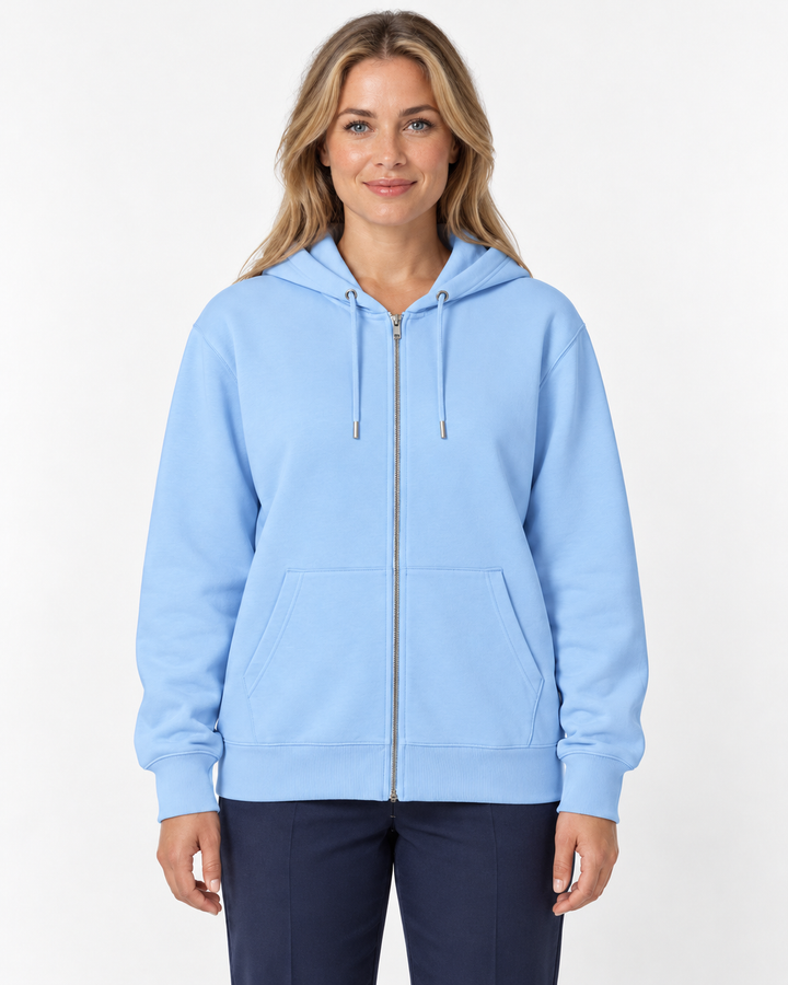Sitztgut Damen-Sweatjacke aus Baumwolle mit Kapuze – Eisblau – Vorderansicht mit weiblichem Model