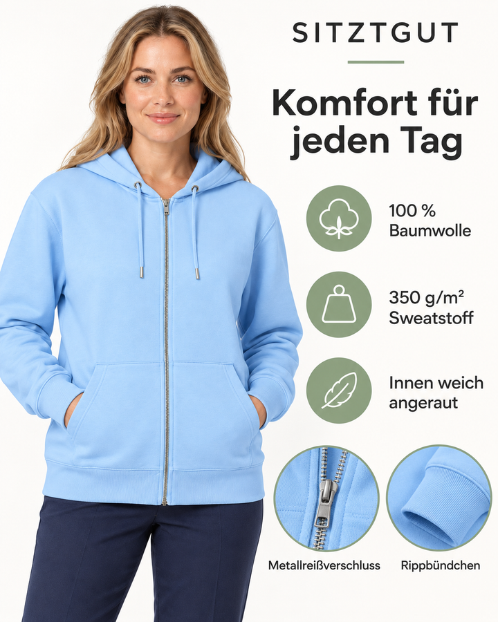 Sitztgut Damen-Sweatjacke aus Baumwolle mit Kapuze – Eisblau – Material und Produktvorteile mit weiblichem Model