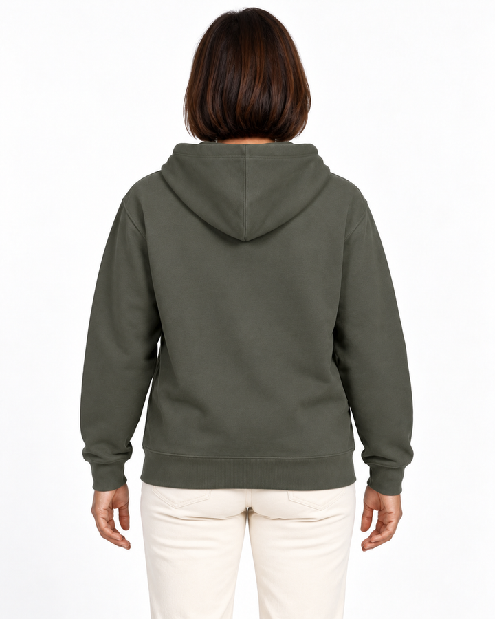 Sitztgut Damen-Sweatjacke aus Baumwolle mit Kapuze – Khaki – Rückenansicht mit weiblichem Model
