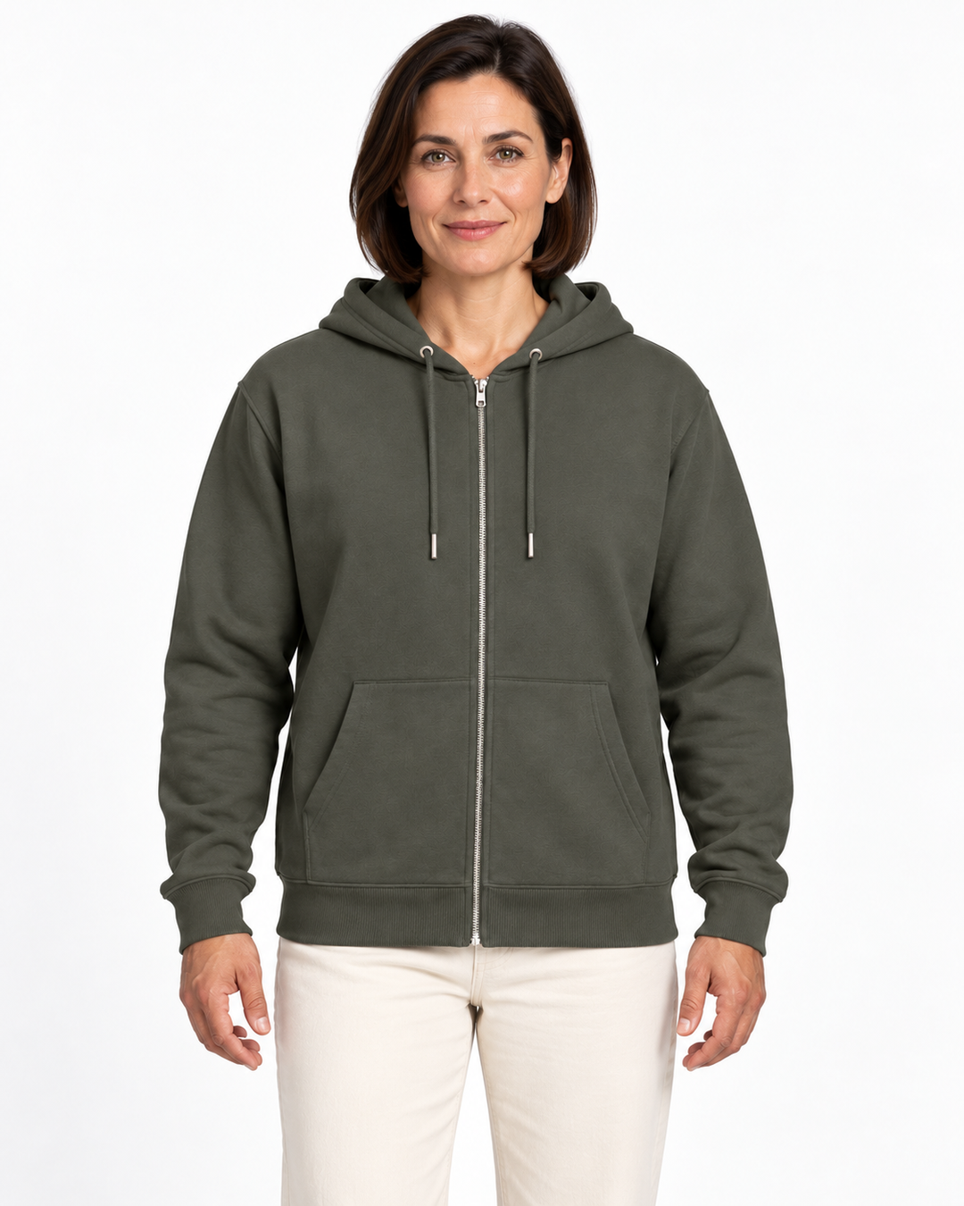 Sitztgut Damen-Sweatjacke aus Baumwolle mit Kapuze – Khaki – Vorderansicht mit weiblichem Model