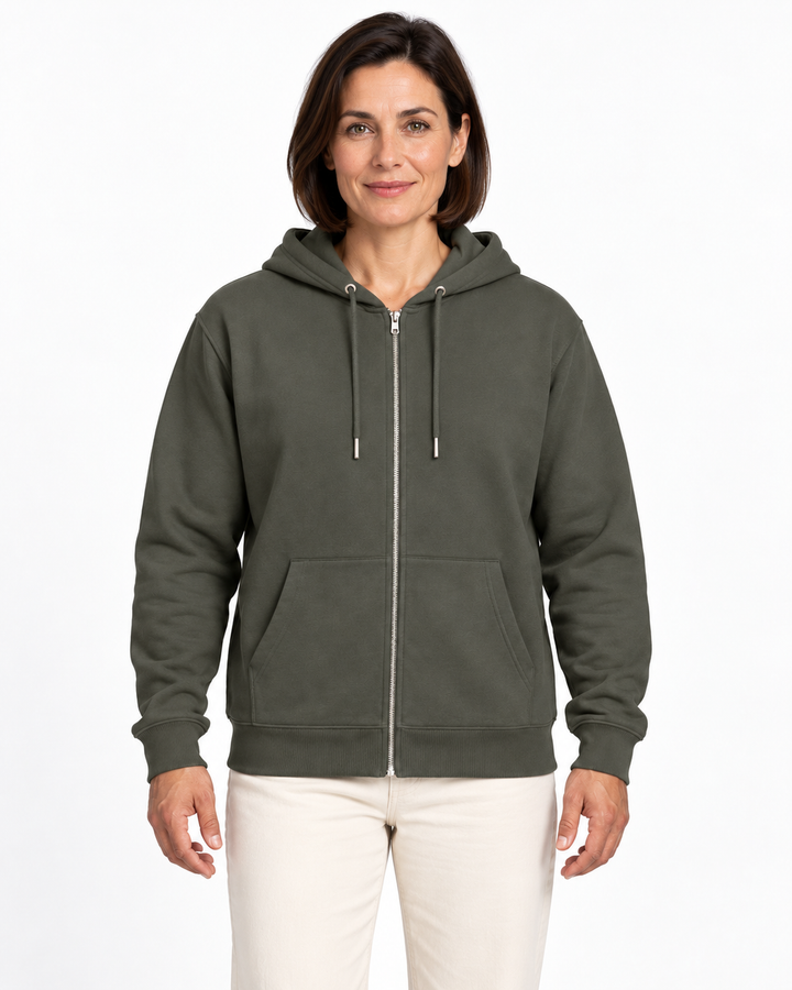 Sitztgut Damen-Sweatjacke aus Baumwolle mit Kapuze – Khaki – Vorderansicht mit weiblichem Model
