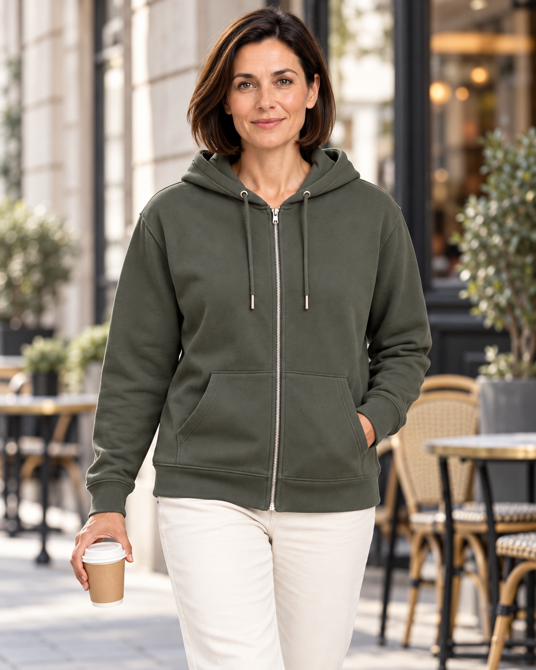 Sitztgut Damen-Sweatjacke aus Baumwolle mit Kapuze – Khaki – Lifestyle 1 mit weiblichem Model
