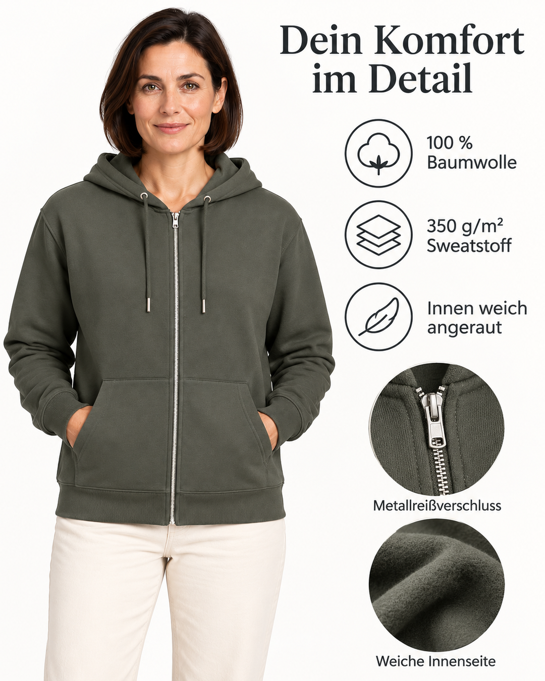 Sitztgut Damen-Sweatjacke aus Baumwolle mit Kapuze – Khaki – Material und Produktvorteile mit weiblichem Model