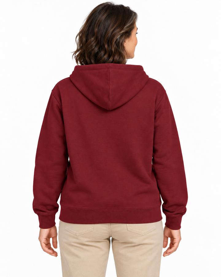 Sitztgut Damen-Sweatjacke aus Baumwolle mit Kapuze – Burgundy – Rückenansicht mit weiblichem Model