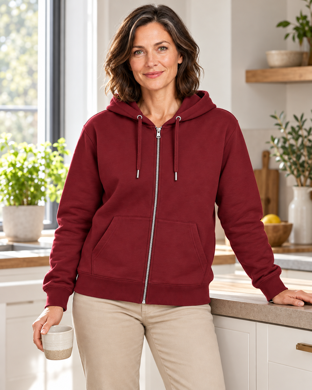Sitztgut Damen-Sweatjacke aus Baumwolle mit Kapuze – Burgundy – Lifestyle 2 mit weiblichem Model