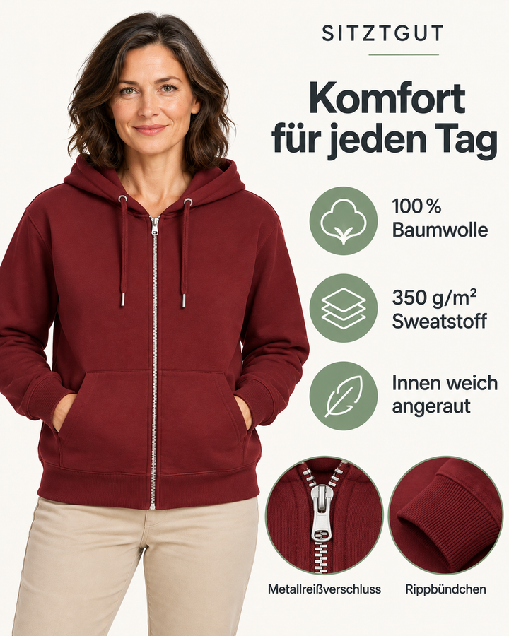 Sitztgut Damen-Sweatjacke aus Baumwolle mit Kapuze – Burgundy – Material und Produktvorteile mit weiblichem Model