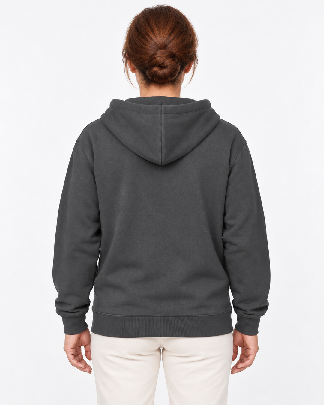 Sitztgut Damen-Sweatjacke aus Baumwolle mit Kapuze – Antrahcite – Rückenansicht mit weiblichem Model