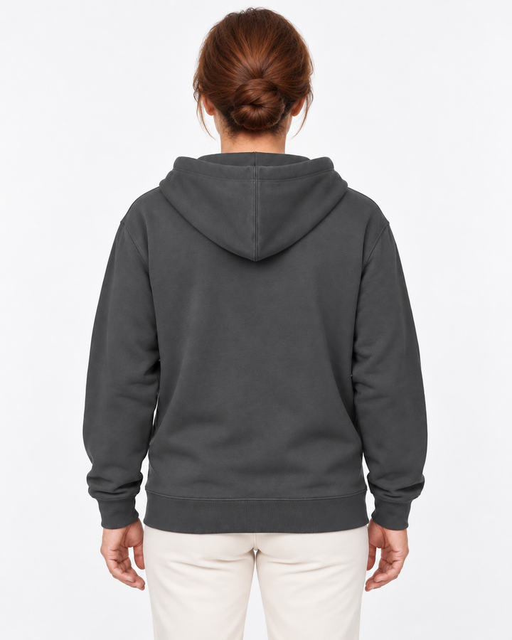Sitztgut Damen-Sweatjacke aus Baumwolle mit Kapuze – Antrahcite – Rückenansicht mit weiblichem Model