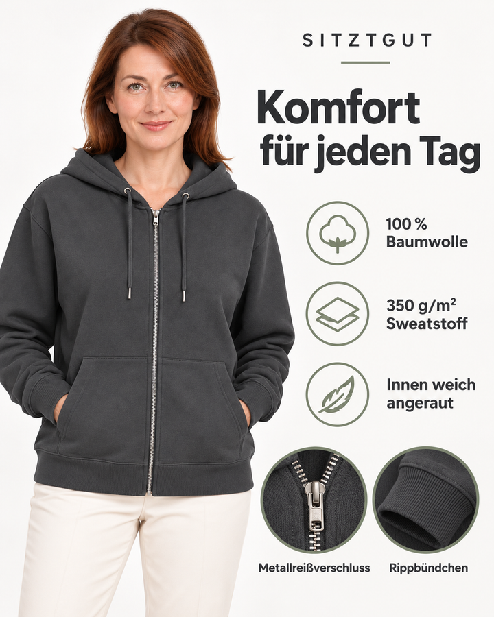 Sitztgut Damen-Sweatjacke aus Baumwolle mit Kapuze – Antrahcite – Material und Produktvorteile mit weiblichem Model