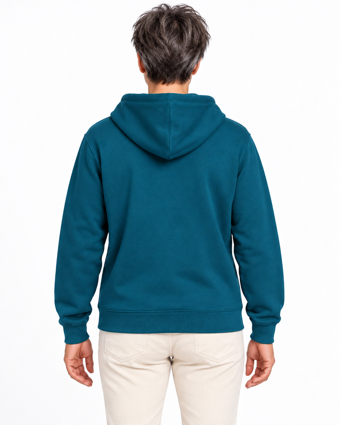 Sitztgut Damen-Sweatjacke aus Baumwolle mit Kapuze – Petrol – Rückenansicht mit weiblichem Model