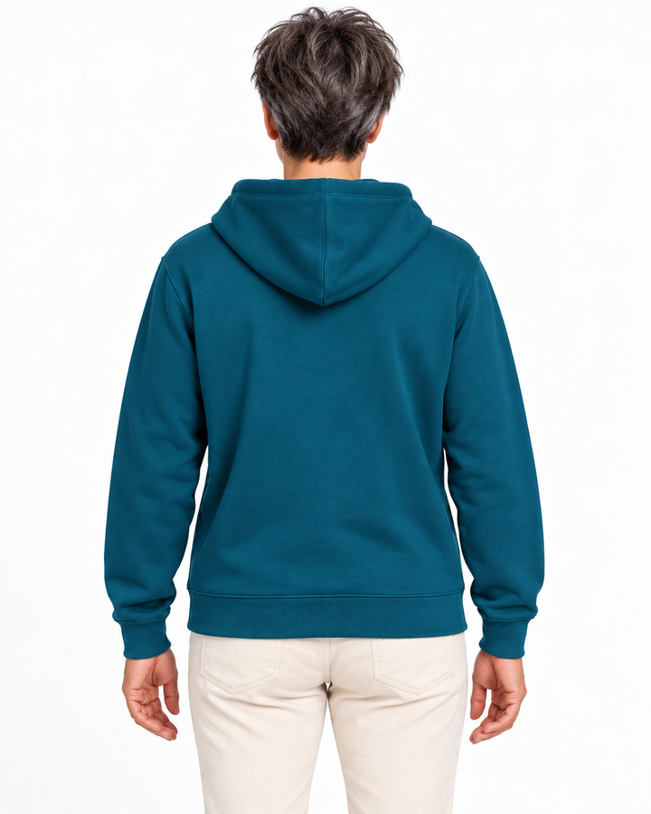 Sitztgut Damen-Sweatjacke aus Baumwolle mit Kapuze – Petrol – Rückenansicht mit weiblichem Model