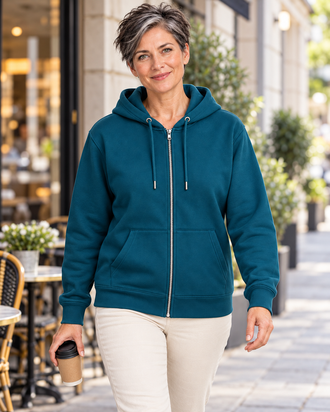 Sitztgut Damen-Sweatjacke aus Baumwolle mit Kapuze – Petrol – Lifestyle 1 mit weiblichem Model