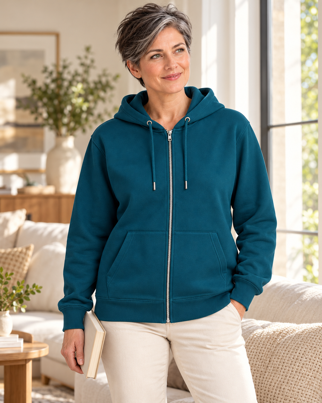 Sitztgut Damen-Sweatjacke aus Baumwolle mit Kapuze – Petrol – Lifestyle 2 mit weiblichem Model