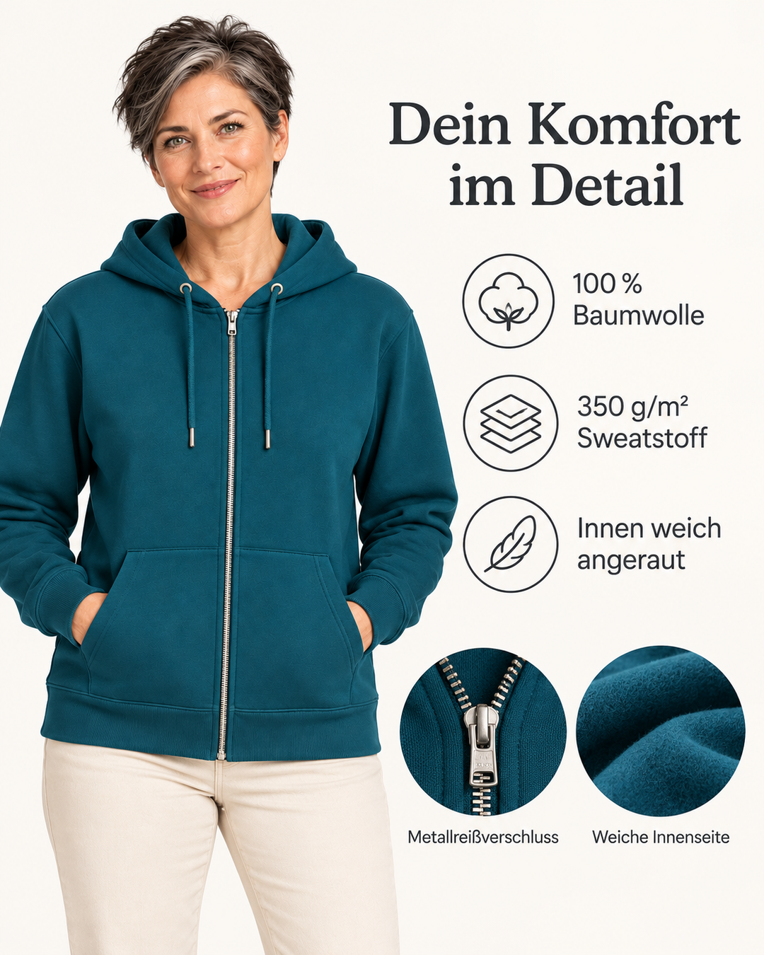 Sitztgut Damen-Sweatjacke aus Baumwolle mit Kapuze – Petrol – Material und Produktvorteile mit weiblichem Model