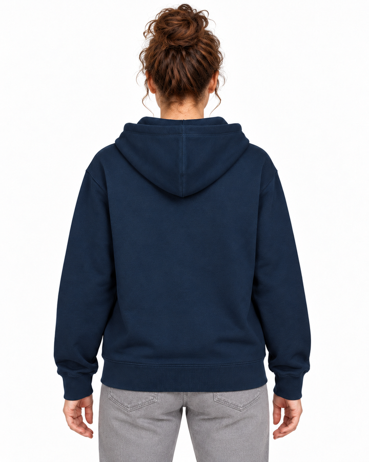 Sitztgut Damen-Sweatjacke aus Baumwolle mit Kapuze – Marineblau – Rückenansicht mit weiblichem Model