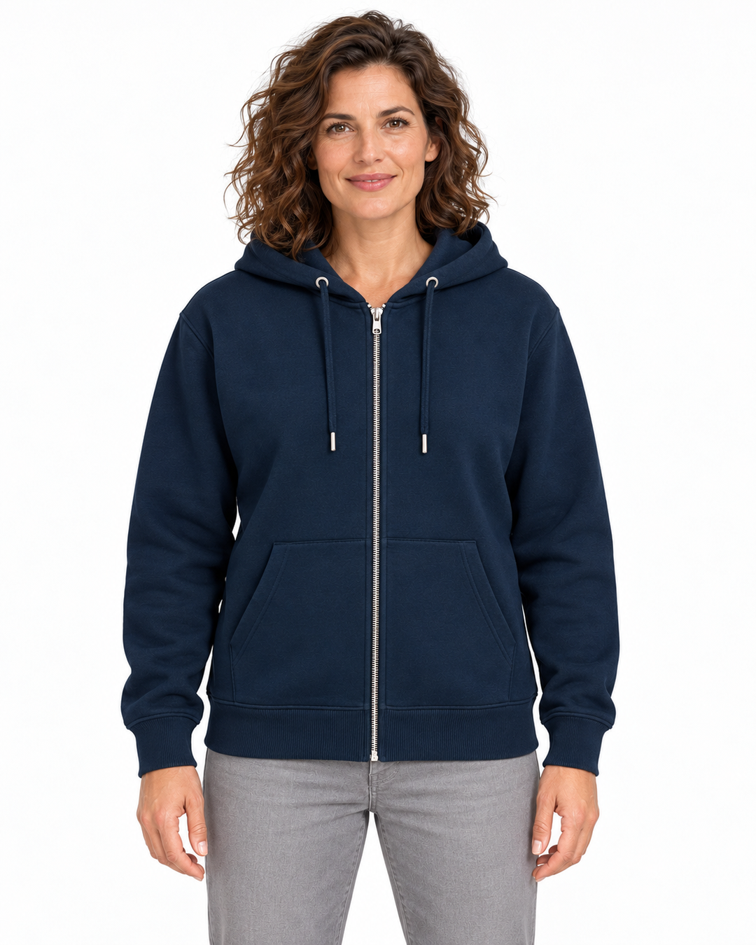 Sitztgut Damen-Sweatjacke aus Baumwolle mit Kapuze – Marineblau – Vorderansicht mit weiblichem Model