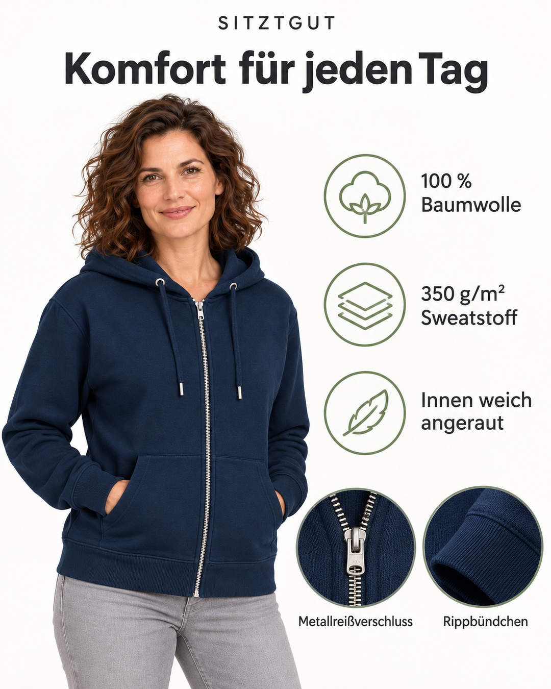 Sitztgut Damen-Sweatjacke aus Baumwolle mit Kapuze – Marineblau – Material und Produktvorteile mit weiblichem Model
