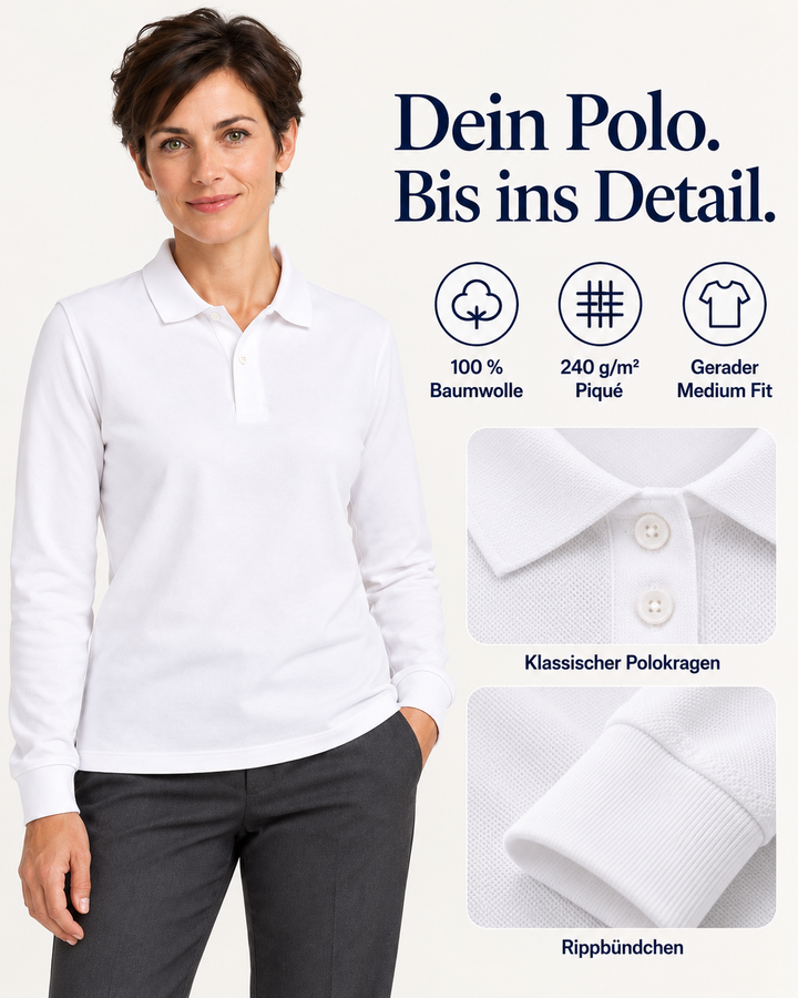 Sitztgut Damen-Langarm-Poloshirt aus Baumwolle – Weiß – Material und Produktvorteile mit weiblichem Model