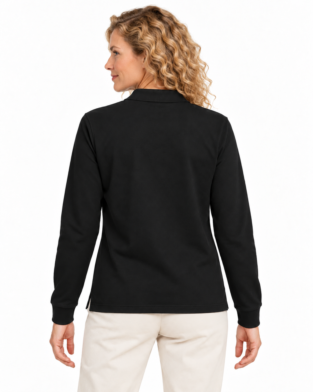 Sitztgut Damen-Langarm-Poloshirt aus Baumwolle – Schwarz – Rückenansicht mit weiblichem Model