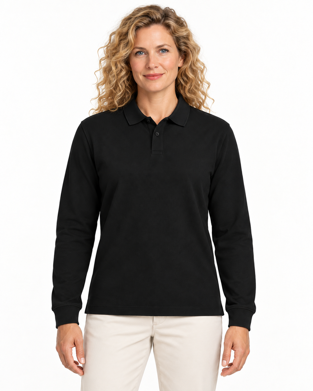 Sitztgut Damen-Langarm-Poloshirt aus Baumwolle – Schwarz – Vorderansicht mit weiblichem Model