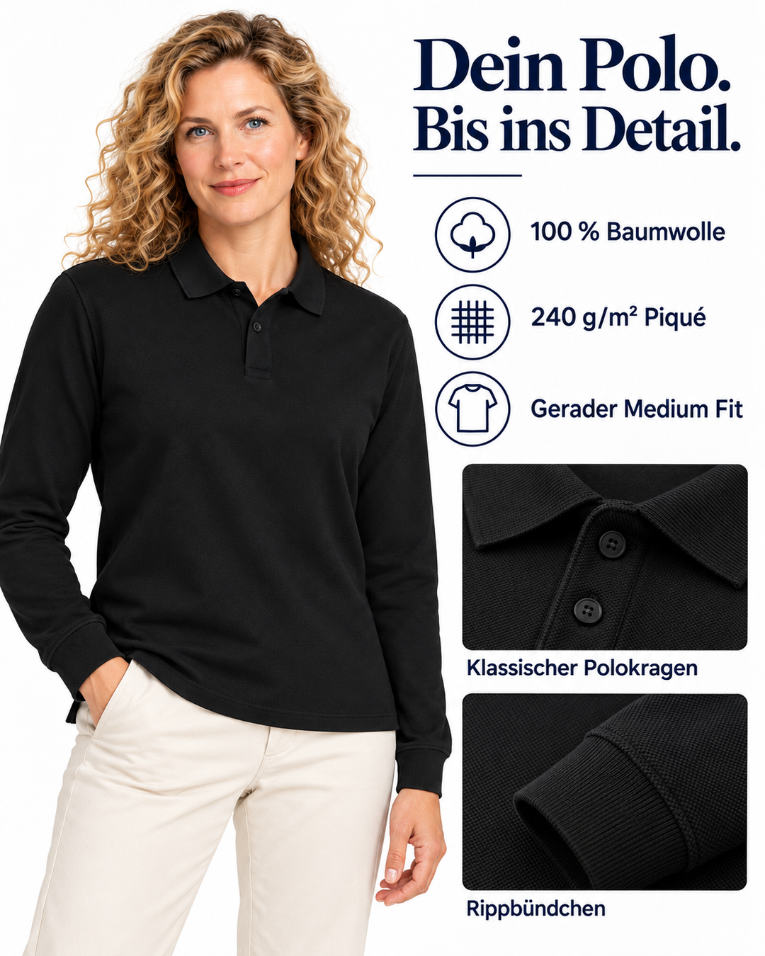 Sitztgut Damen-Langarm-Poloshirt aus Baumwolle – Schwarz – Material und Produktvorteile mit weiblichem Model