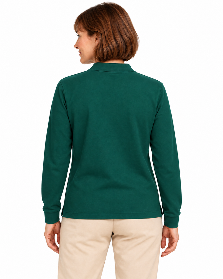 Sitztgut Damen-Langarm-Poloshirt aus Baumwolle – Grün – Rückenansicht mit weiblichem Model