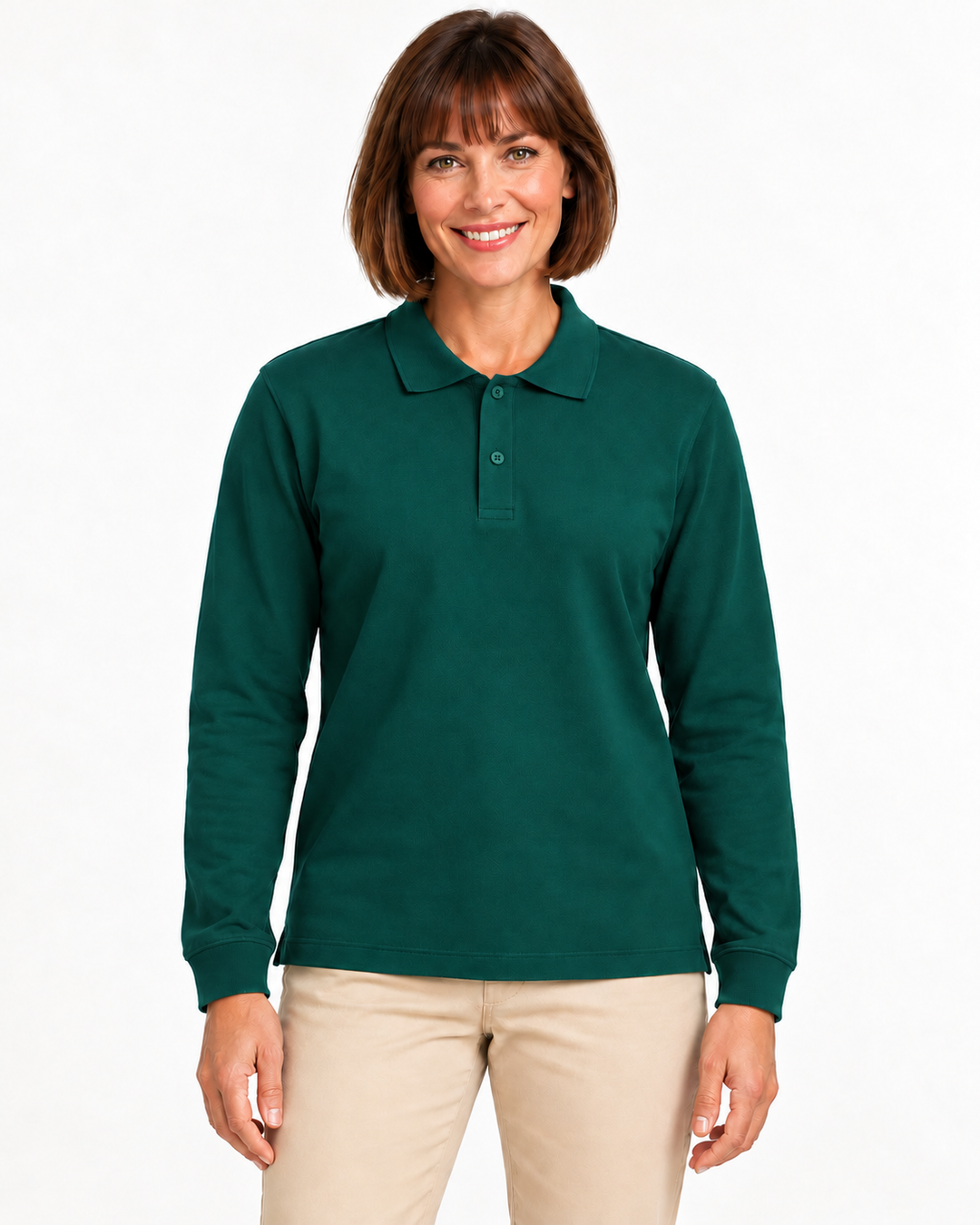 Sitztgut Damen-Langarm-Poloshirt aus Baumwolle – Grün – Vorderansicht mit weiblichem Model