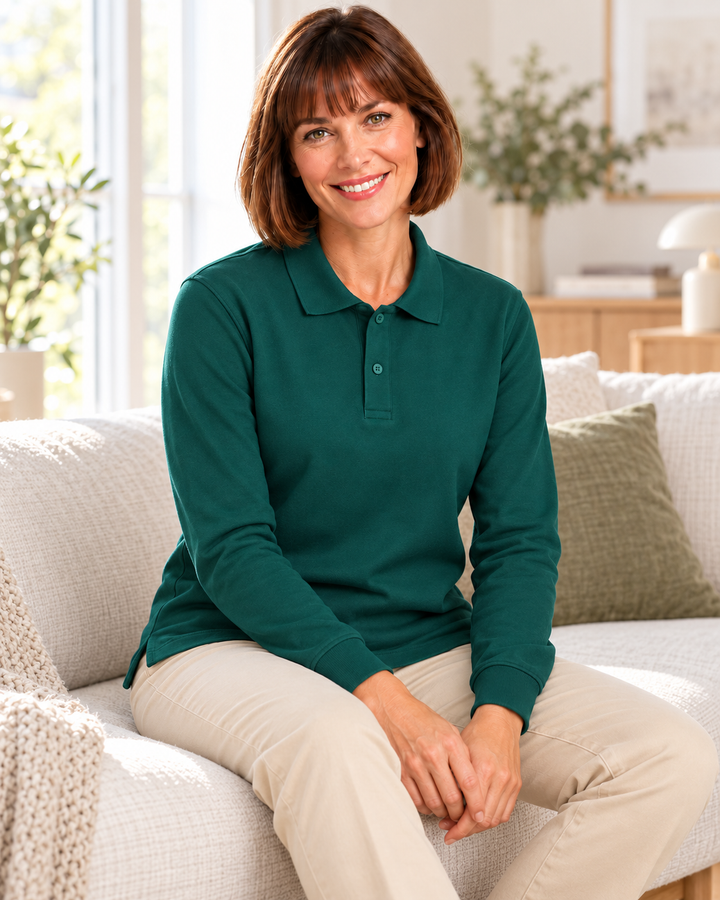 Sitztgut Damen-Langarm-Poloshirt aus Baumwolle – Grün – Lifestyle 2 mit weiblichem Model