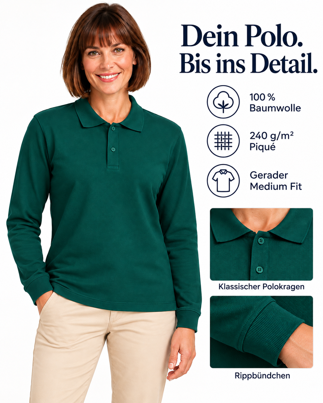 Sitztgut Damen-Langarm-Poloshirt aus Baumwolle – Grün – Material und Produktvorteile mit weiblichem Model