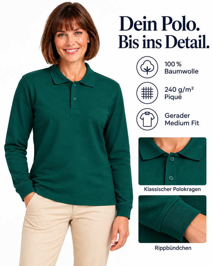 Sitztgut Damen-Langarm-Poloshirt aus Baumwolle – Grün – Material und Produktvorteile mit weiblichem Model