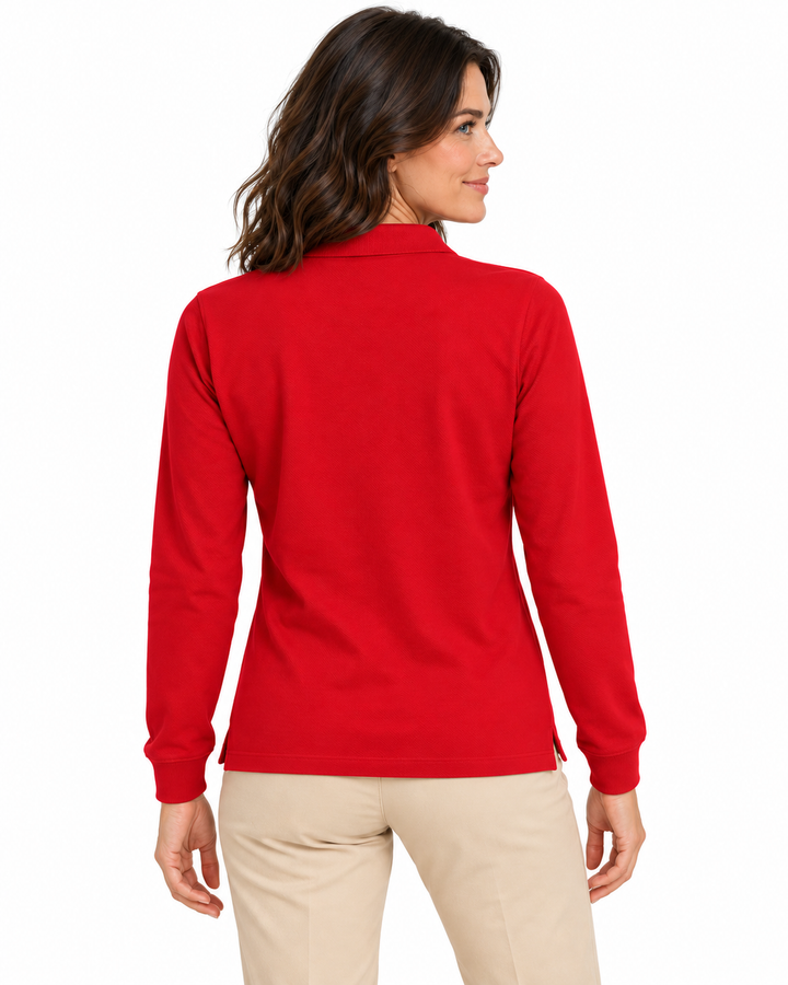 Sitztgut Damen-Langarm-Poloshirt aus Baumwolle – Rot – Rückenansicht mit weiblichem Model