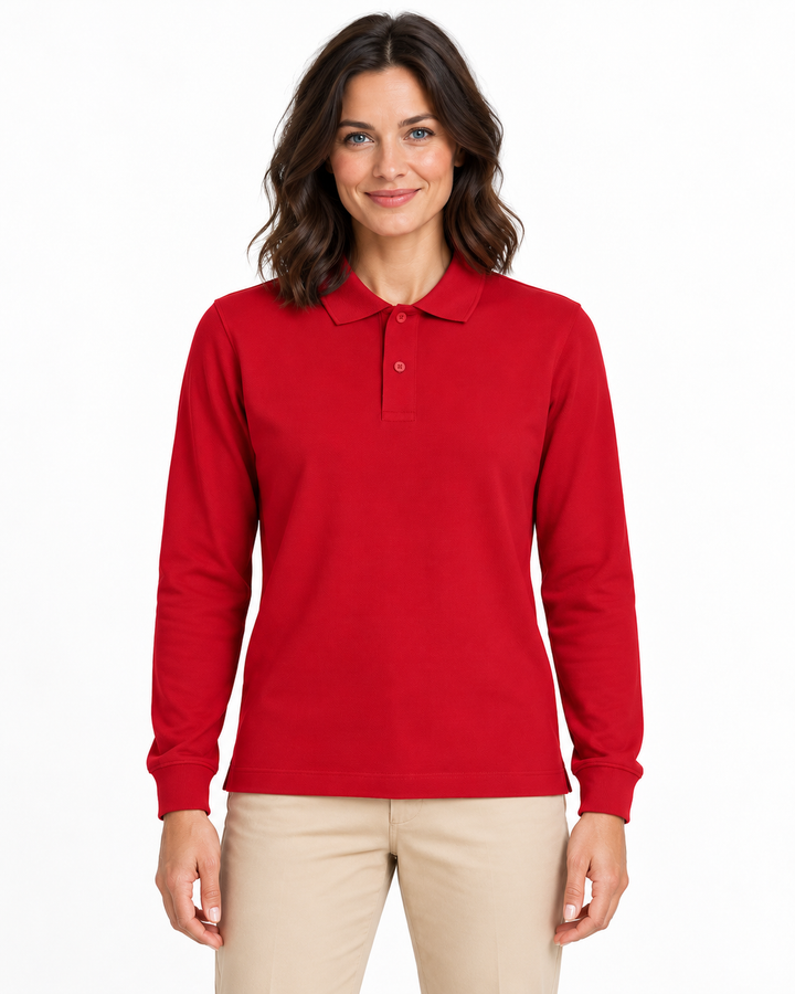 Sitztgut Damen-Langarm-Poloshirt aus Baumwolle – Rot – Vorderansicht mit weiblichem Model