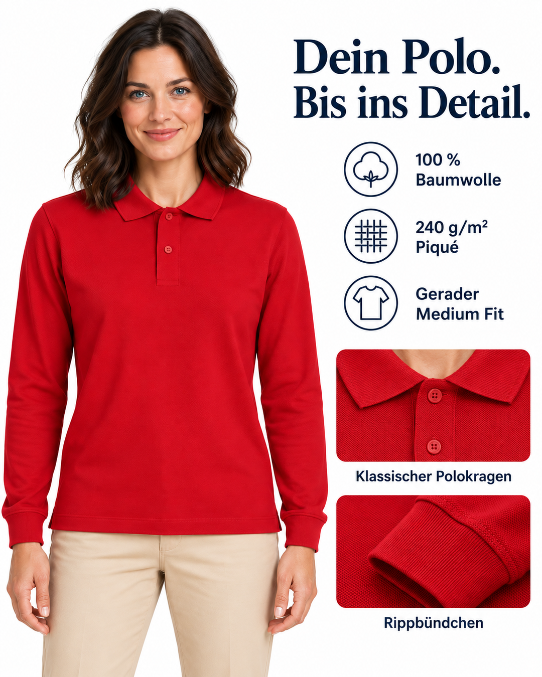 Sitztgut Damen-Langarm-Poloshirt aus Baumwolle – Rot – Material und Produktvorteile mit weiblichem Model