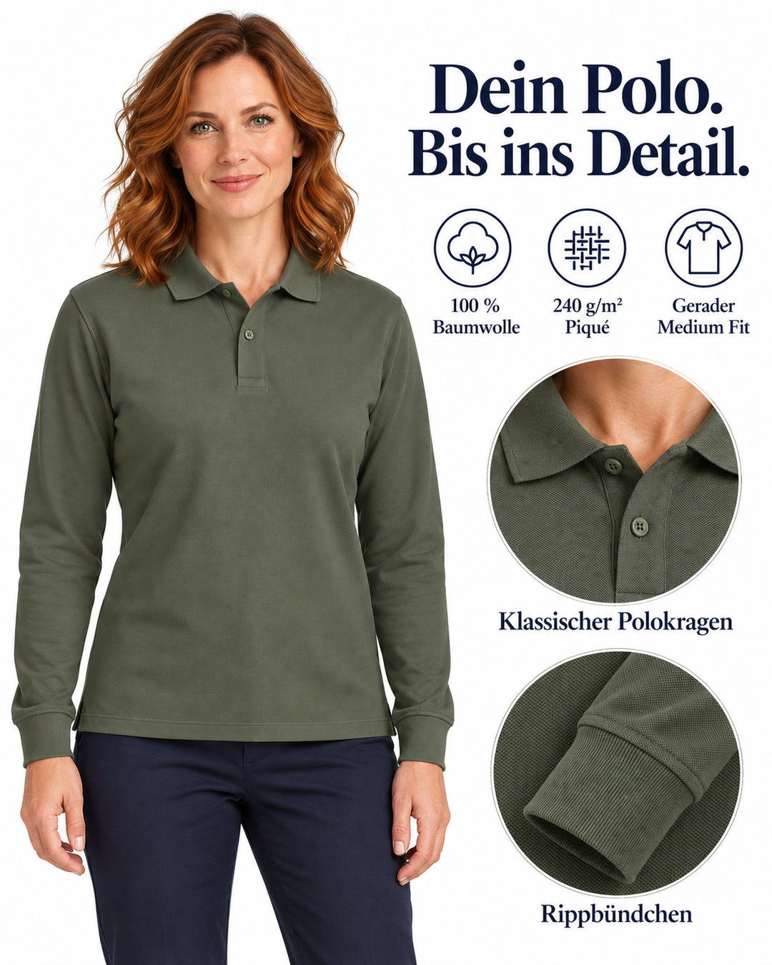 Sitztgut Damen-Langarm-Poloshirt aus Baumwolle – Khaki – Material und Produktvorteile mit weiblichem Model