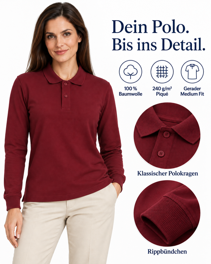 Sitztgut Damen-Langarm-Poloshirt aus Baumwolle – Bordeaux – Material und Produktvorteile mit weiblichem Model