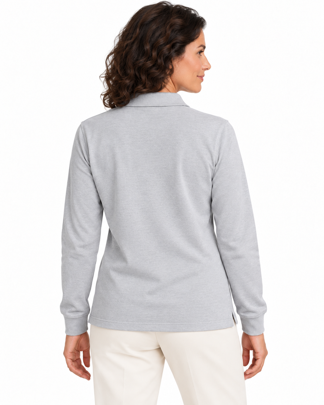 Sitztgut Damen-Langarm-Poloshirt aus Baumwolle – Grau meliert – Rückenansicht mit weiblichem Model