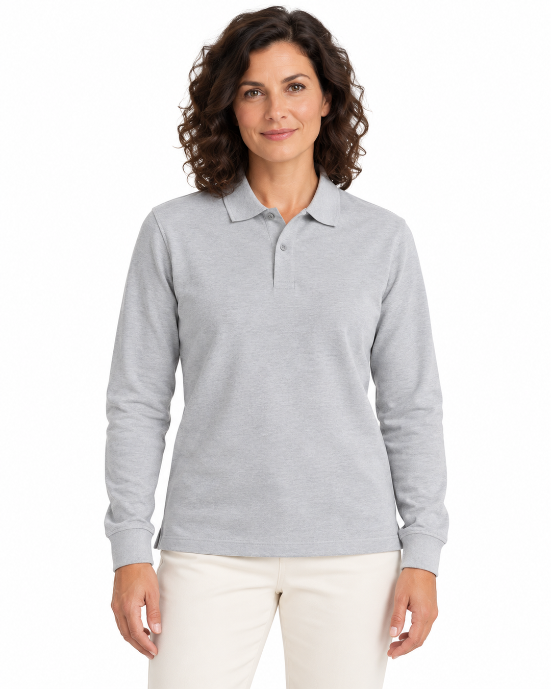 Sitztgut Damen-Langarm-Poloshirt aus Baumwolle – Grau meliert – Vorderansicht mit weiblichem Model