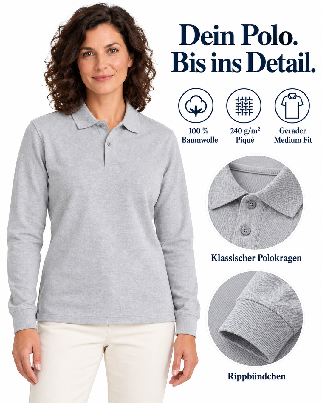 Sitztgut Damen-Langarm-Poloshirt aus Baumwolle – Grau meliert – Material und Produktvorteile mit weiblichem Model