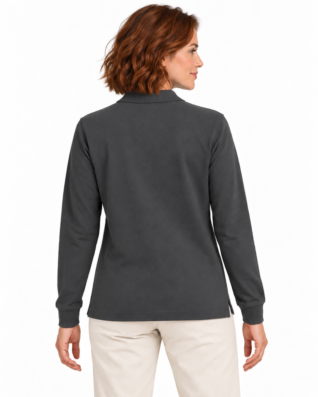 Sitztgut Damen-Langarm-Poloshirt aus Baumwolle – Anthrazit – Rückenansicht mit weiblichem Model