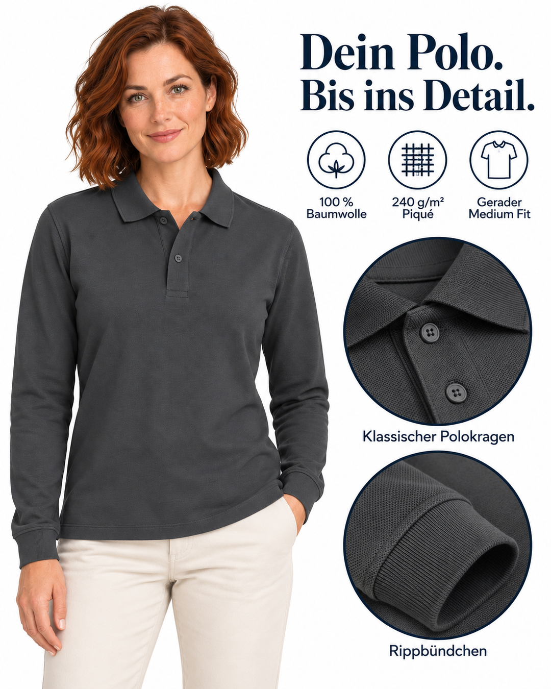 Sitztgut Damen-Langarm-Poloshirt aus Baumwolle – Anthrazit – Material und Produktvorteile mit weiblichem Model