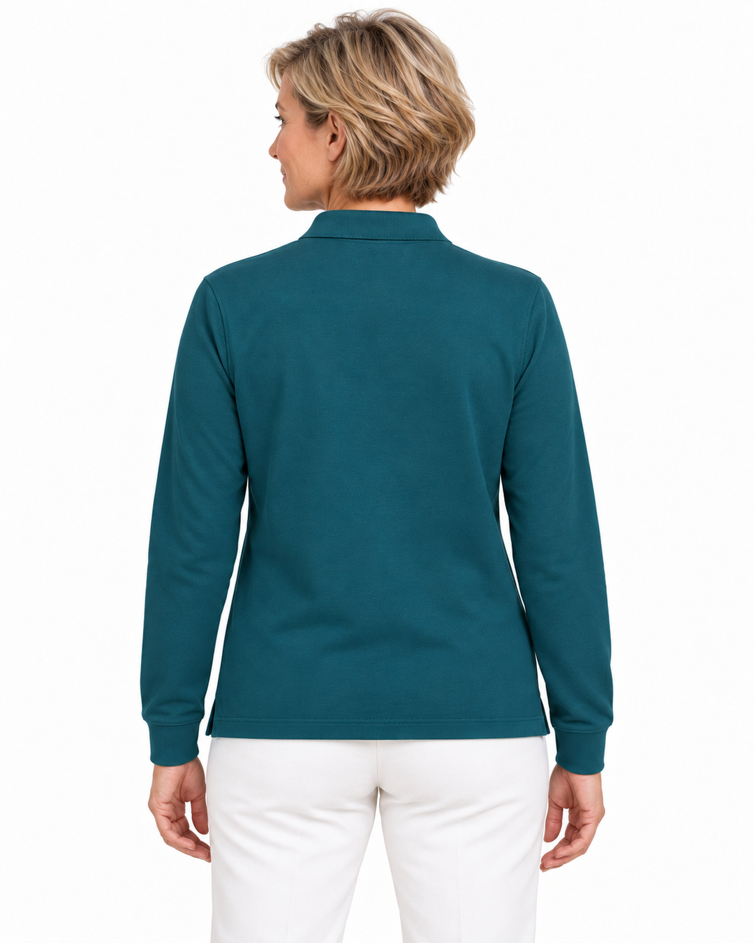 Sitztgut Damen-Langarm-Poloshirt aus Baumwolle – Petrol – Rückenansicht mit weiblichem Model