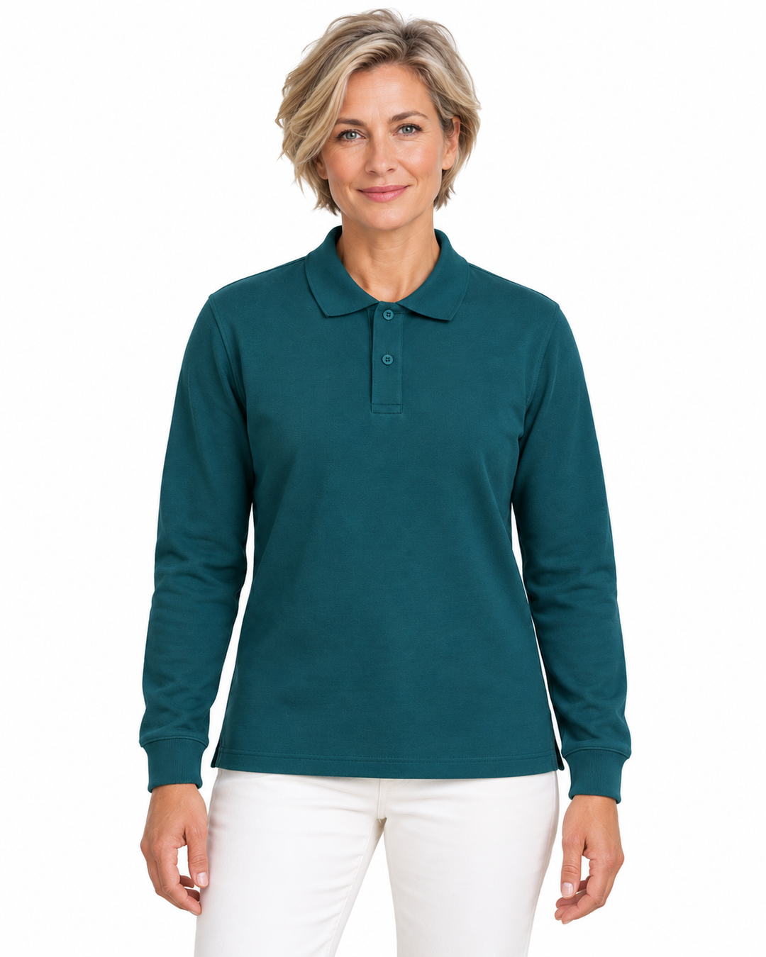 Sitztgut Damen-Langarm-Poloshirt aus Baumwolle – Petrol – Vorderansicht mit weiblichem Model