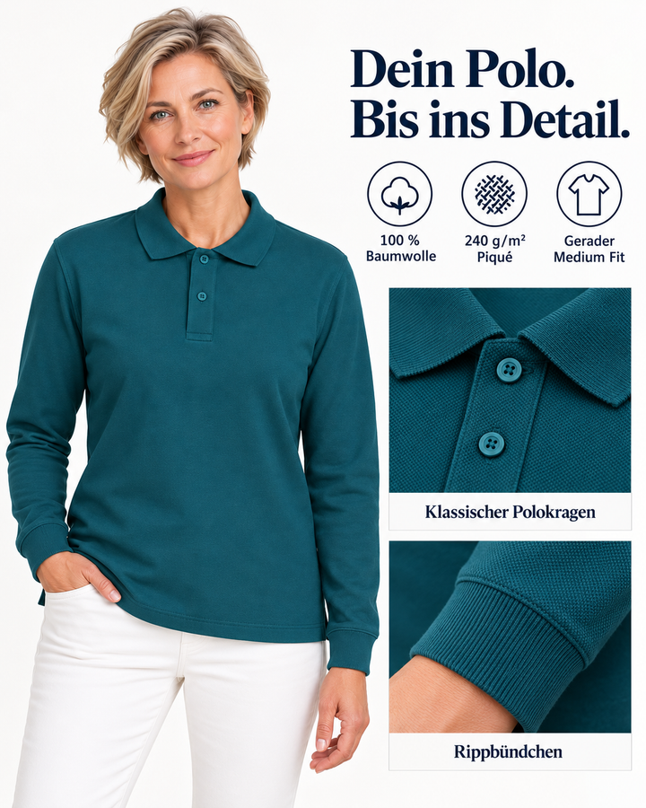 Sitztgut Damen-Langarm-Poloshirt aus Baumwolle – Petrol – Material und Produktvorteile mit weiblichem Model