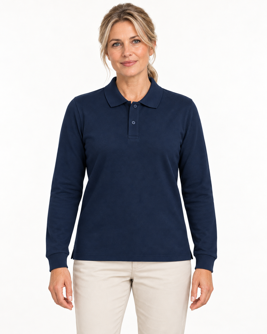 Sitztgut Damen-Langarm-Poloshirt aus Baumwolle – Marineblau – Vorderansicht mit weiblichem Model