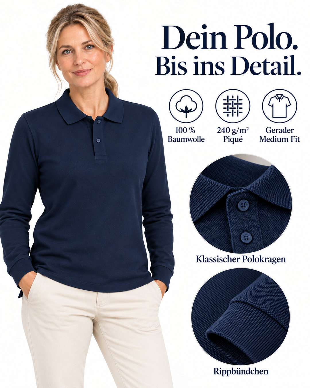 Sitztgut Damen-Langarm-Poloshirt aus Baumwolle – Marineblau – Material und Produktvorteile mit weiblichem Model
