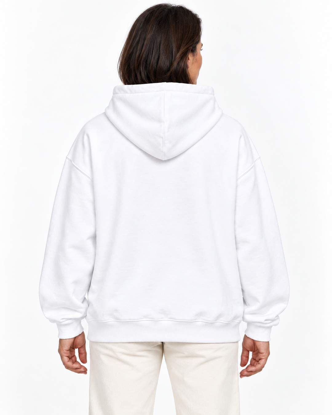 Sitztgut Damen-Hoodie aus Baumwolle, Oversized Fit – Weiß – Rückenansicht mit weiblichem Model