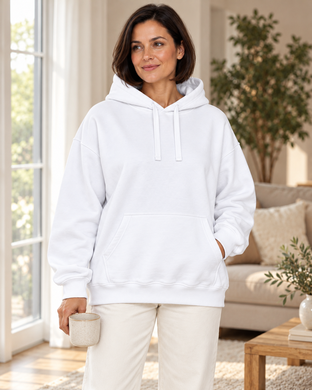 Sitztgut Damen-Hoodie aus Baumwolle, Oversized Fit – Weiß – Lifestyle 2 mit weiblichem Model