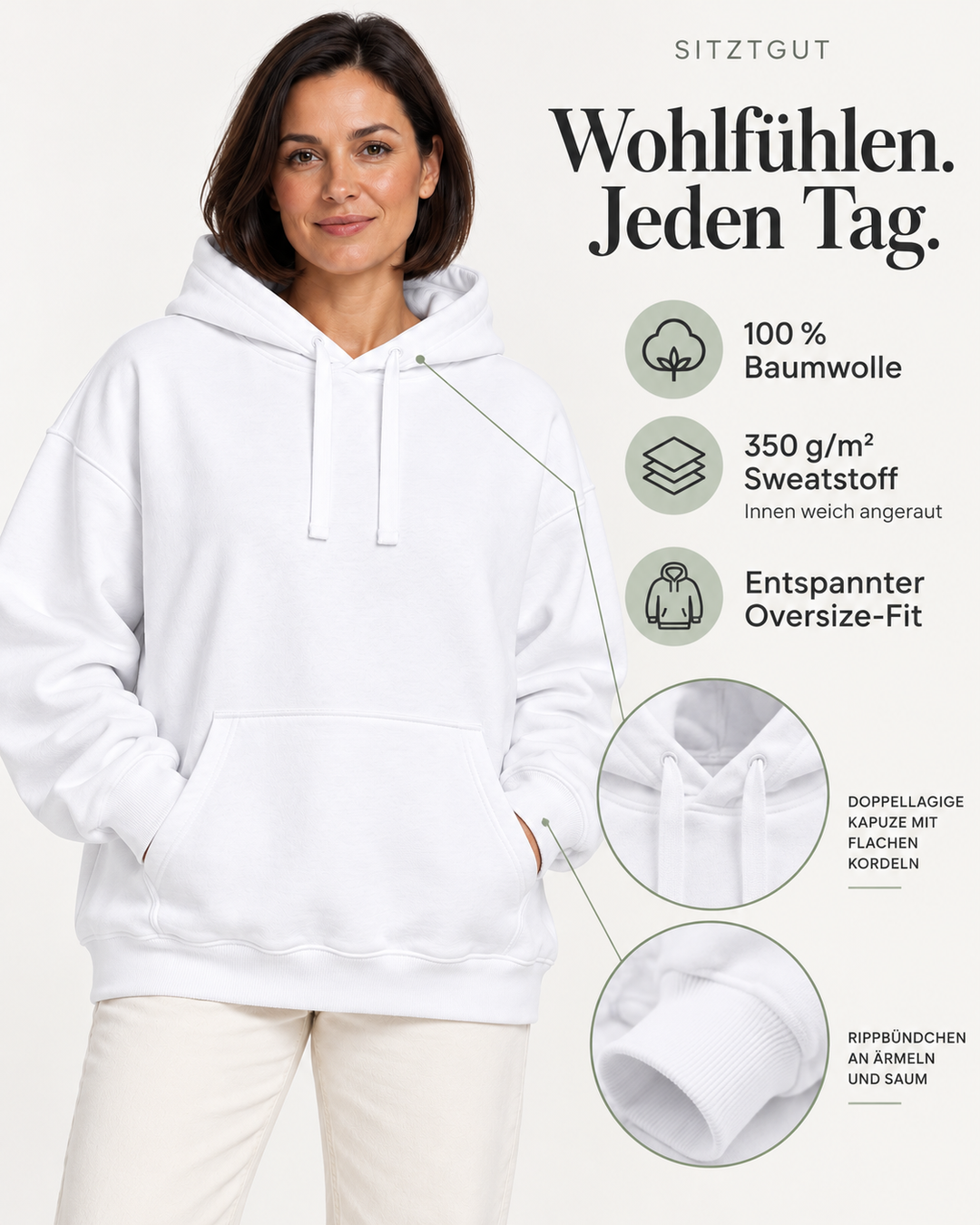 Sitztgut Damen-Hoodie aus Baumwolle, Oversized Fit – Weiß – Material und Produktvorteile mit weiblichem Model